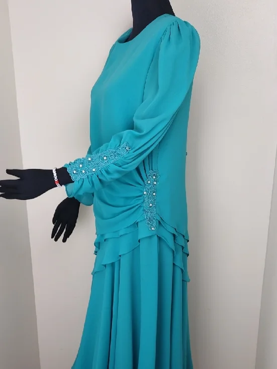 Regina Bianca Vintage 80s Teal Formal Gown Pearl Beaded Cuffs Size 14 - Picture 2 of 12